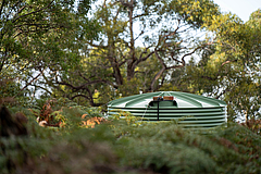 Plastic water tank in the forest of an off grid house in Australia in the bush in summer